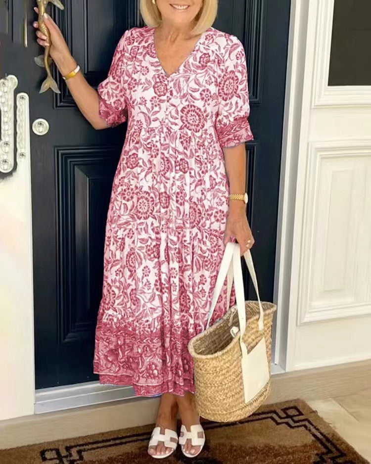 Robe maxi femme avec décolleté en V, patte de boutonnage et motif floral