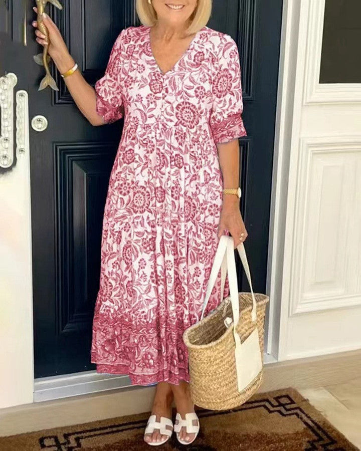 Robe maxi femme avec décolleté en V, patte de boutonnage et motif floral