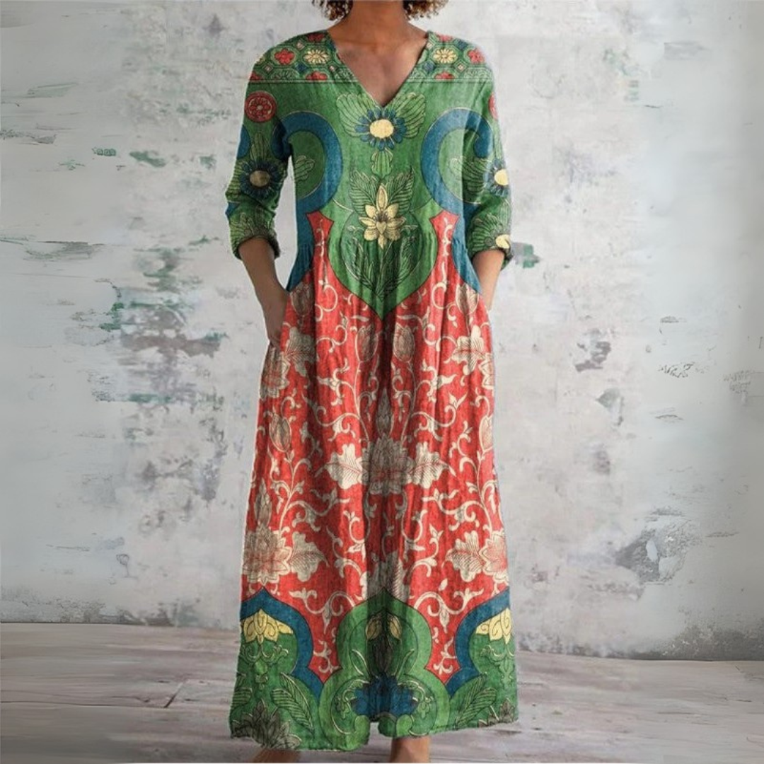 Robe maxi femme avec décolleté en V, manches longues et motif multicolore