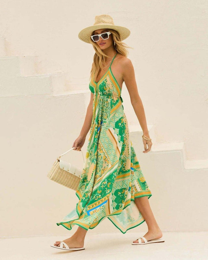 Robe maxi femme avec décolleté en V et bretelles spaghetti, dos nu et ourlet asymétrique