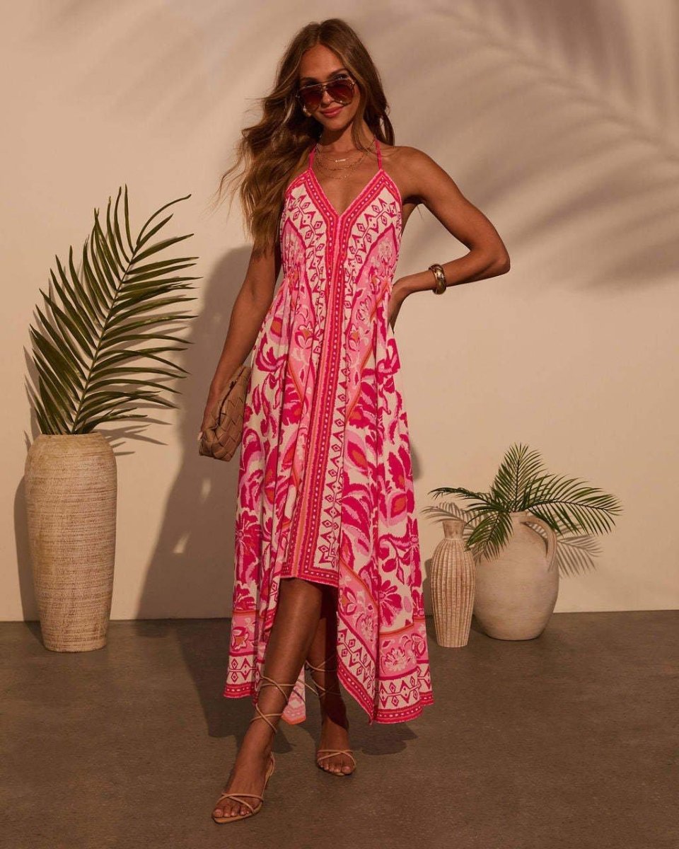 Robe maxi femme avec décolleté en V et bretelles spaghetti, dos nu et ourlet asymétrique