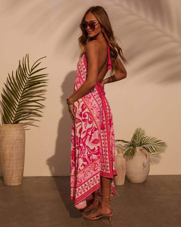Robe maxi femme avec décolleté en V et bretelles spaghetti, dos nu et ourlet asymétrique