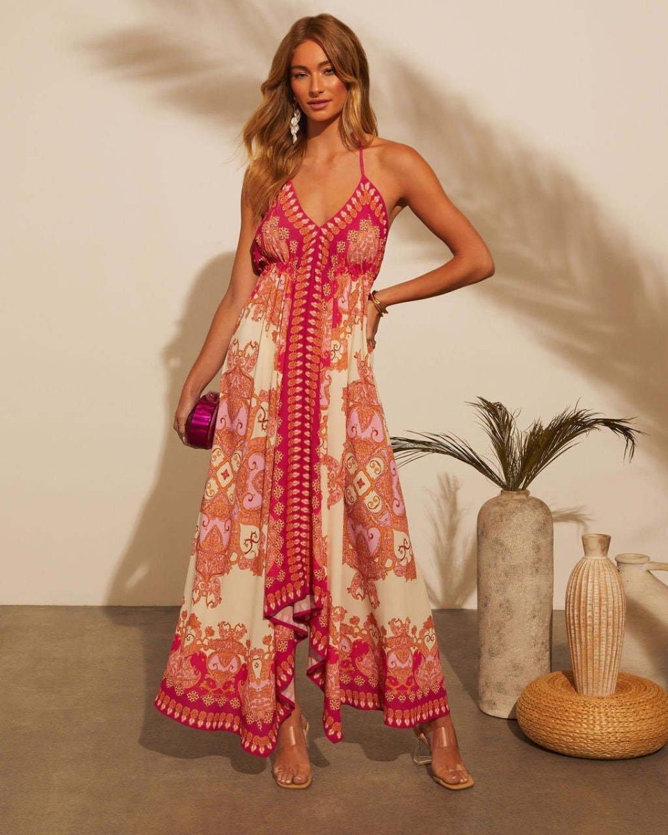 Robe maxi femme avec décolleté en V et bretelles spaghetti, dos nu et ourlet asymétrique
