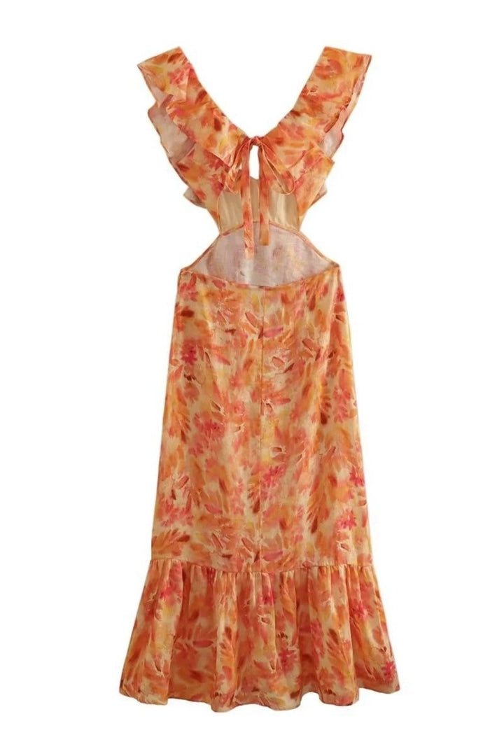 Robe maxi femme avec décolleté en V et bretelles volantées avec découpes latérales et motif floral