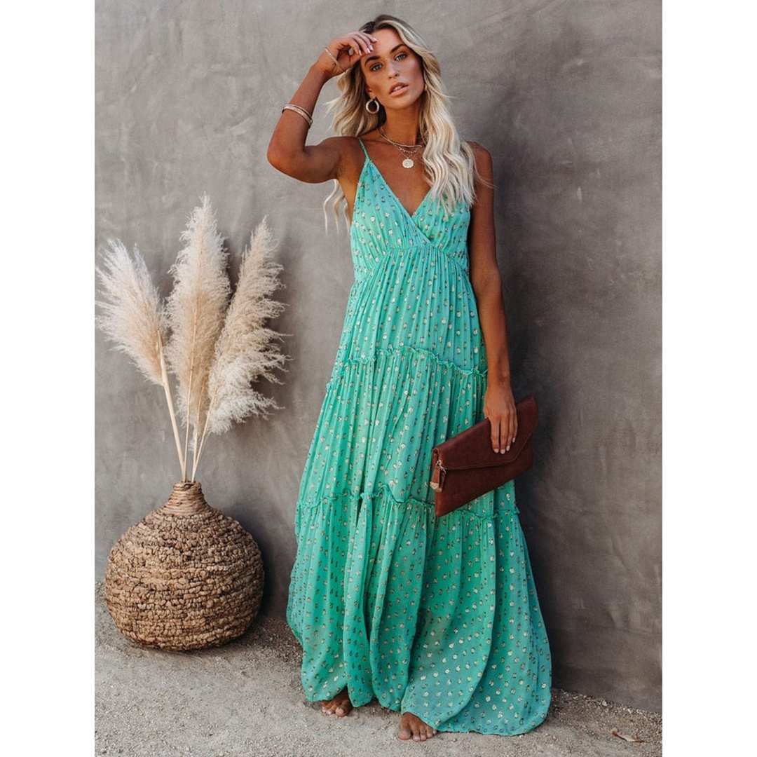 Robe maxi pour femmes avec décolleté en V, bretelles spaghetti et jupe à volants