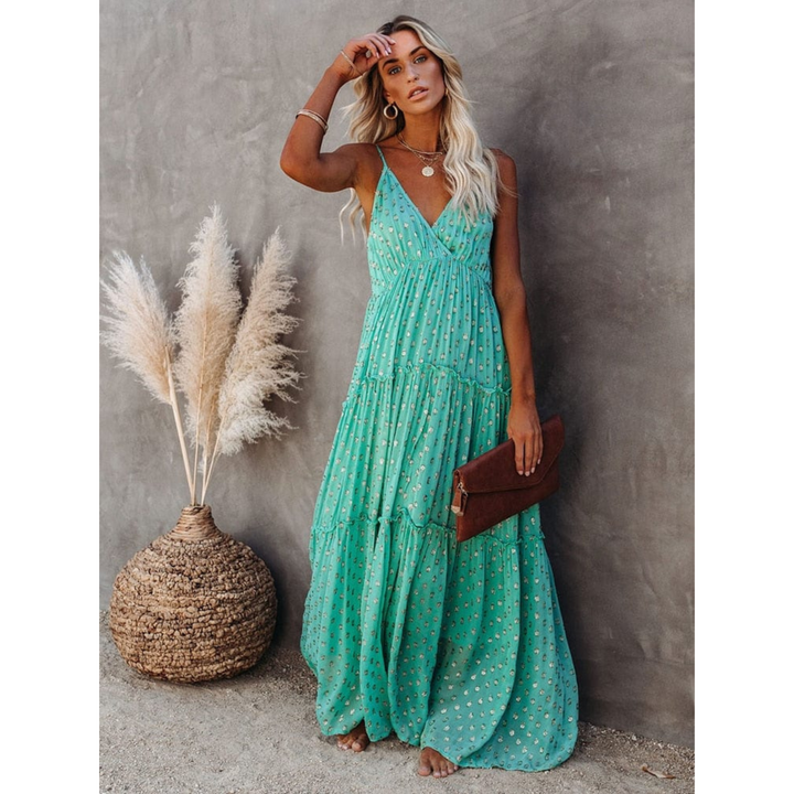 Robe maxi pour femmes avec décolleté en V, bretelles spaghetti et jupe à volants