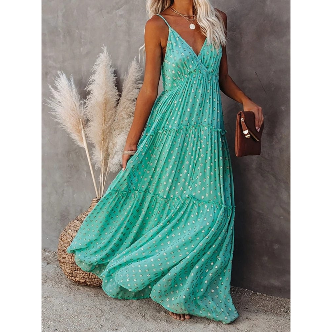 Robe maxi pour femmes avec décolleté en V, bretelles spaghetti et jupe à volants