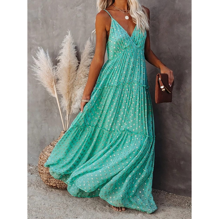 Robe maxi pour femmes avec décolleté en V, bretelles spaghetti et jupe à volants