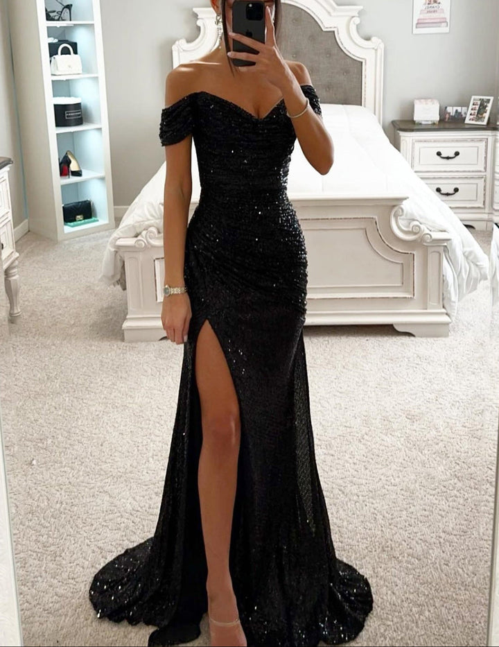 Robe maxi femme sans épaules avec décolleté en cœur, surface en sequins et fente latérale haute