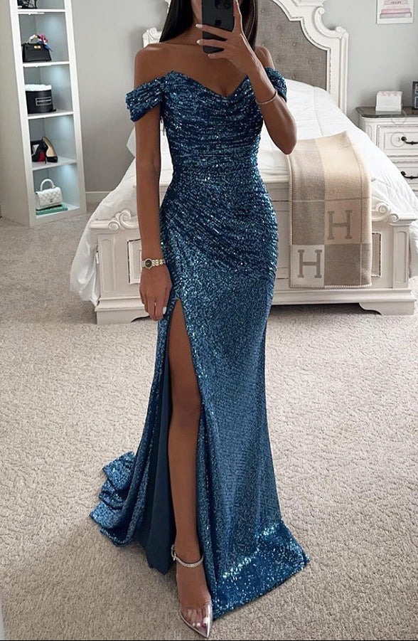 Robe maxi femme sans épaules avec décolleté en cœur, surface en sequins et fente latérale haute