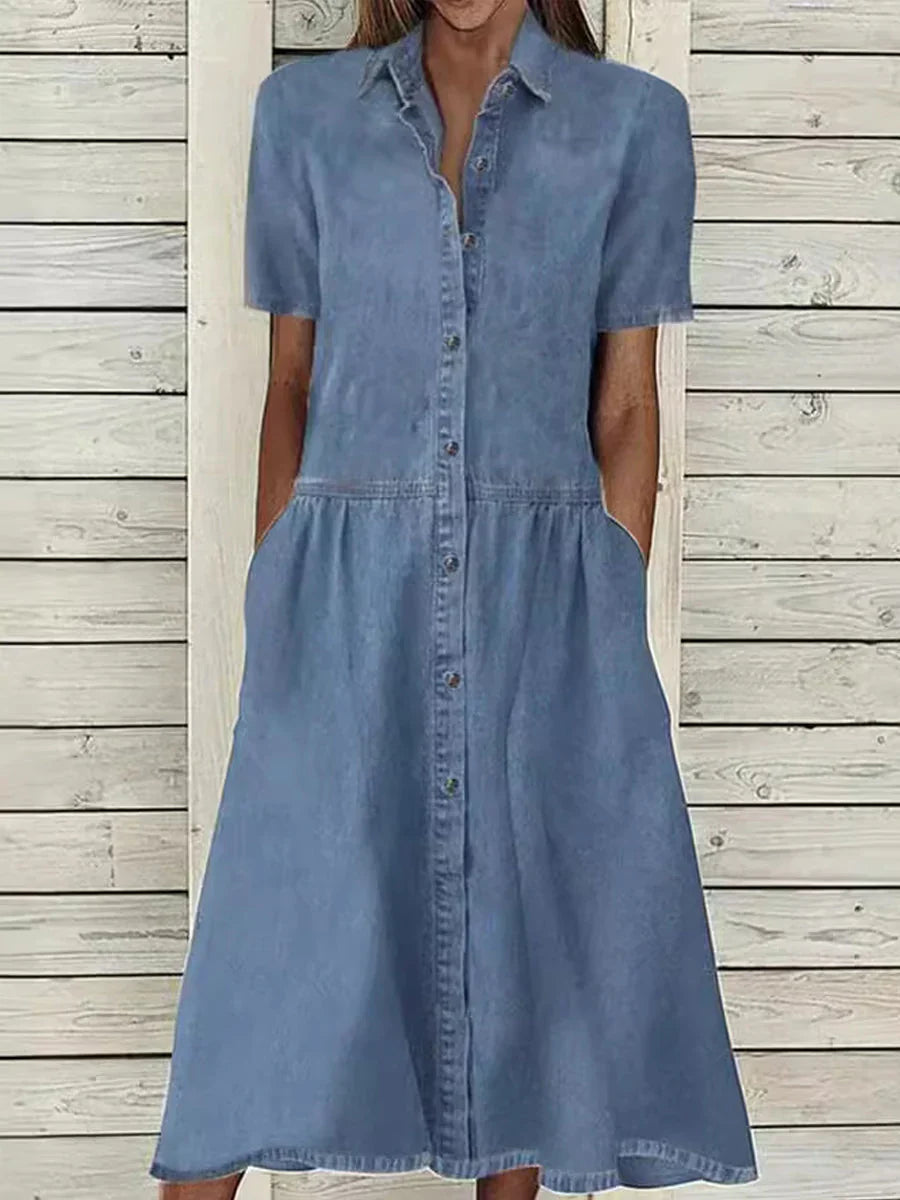Robe en jean midi pour femmes avec col Kent et patte de boutonnage