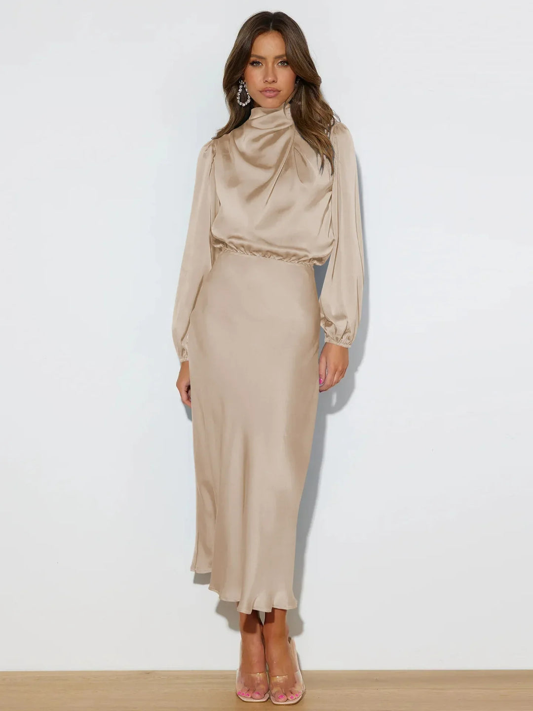 Robe midi femme avec col roulé et manches ballon à taille élastique