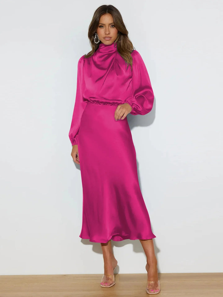 Robe midi femme avec col roulé et manches ballon à taille élastique