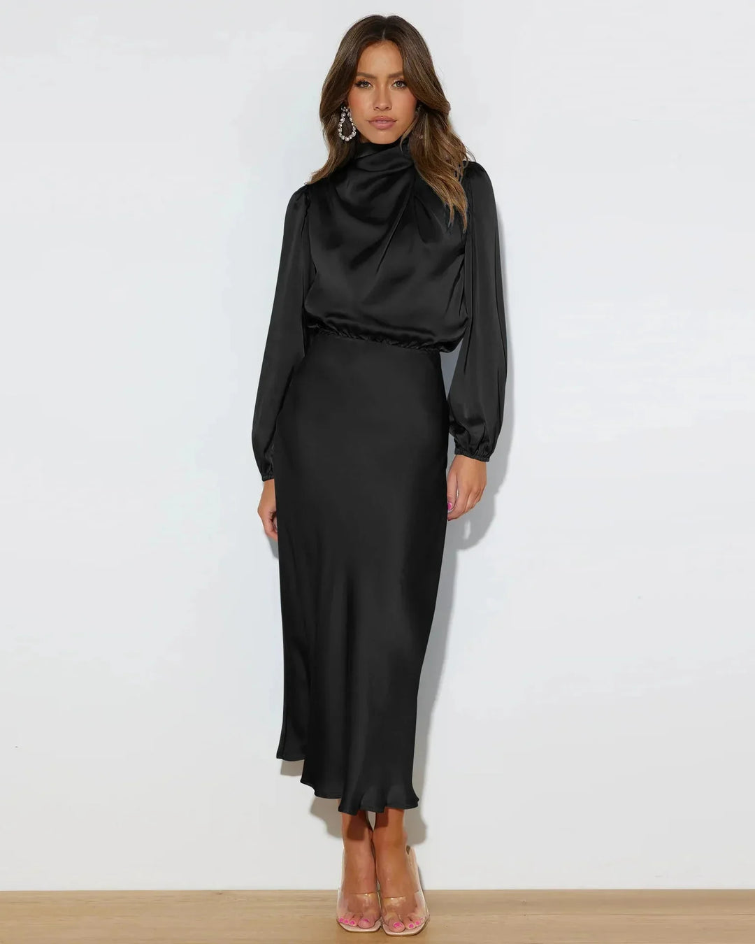 Robe midi femme avec col roulé et manches ballon à taille élastique