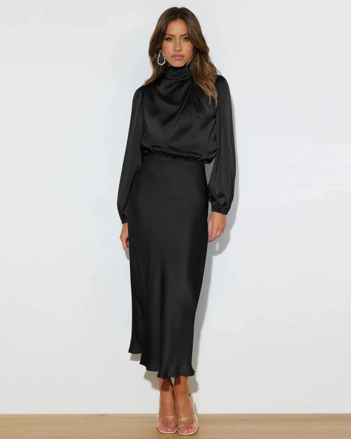 Robe midi femme avec col roulé et manches ballon à taille élastique