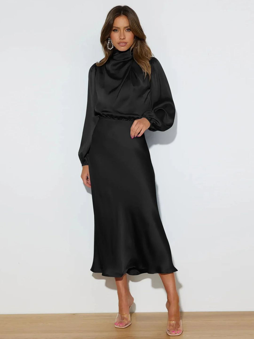 Robe midi femme avec col roulé et manches ballon à taille élastique