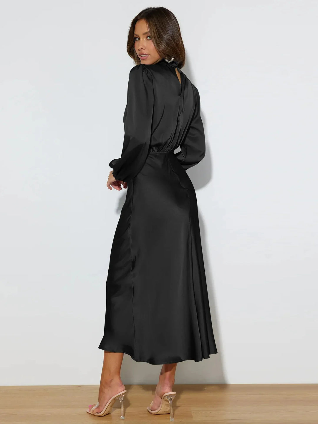Robe midi femme avec col roulé et manches ballon à taille élastique
