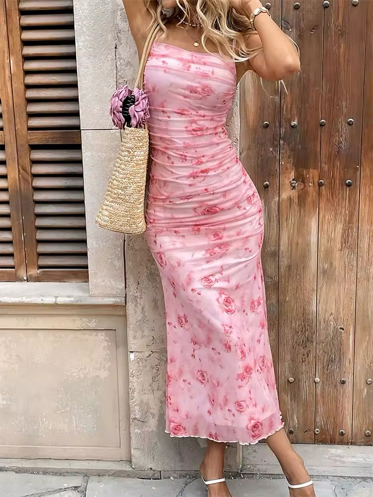 Robe midi femme avec motif floral et fronces continues