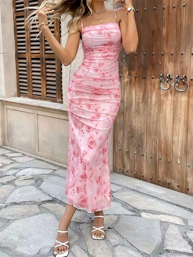 Robe midi femme avec motif floral et fronces continues