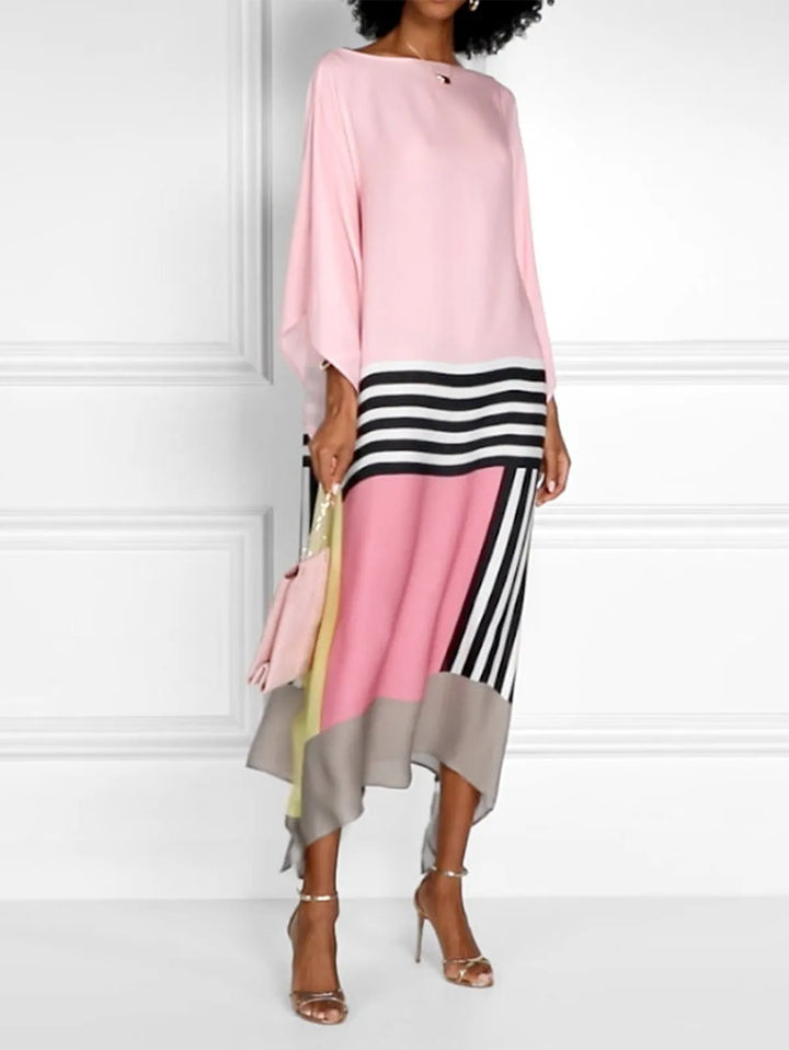 Robe midi pour femmes avec manches chauve-souris et ourlet asymétrique en motif color block