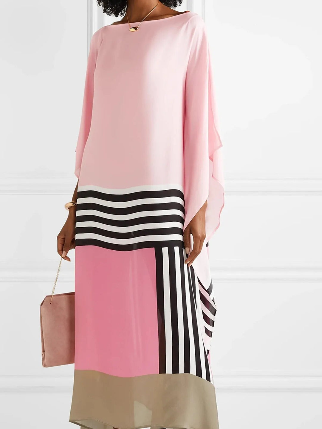 Robe midi pour femmes avec manches chauve-souris et ourlet asymétrique en motif color block