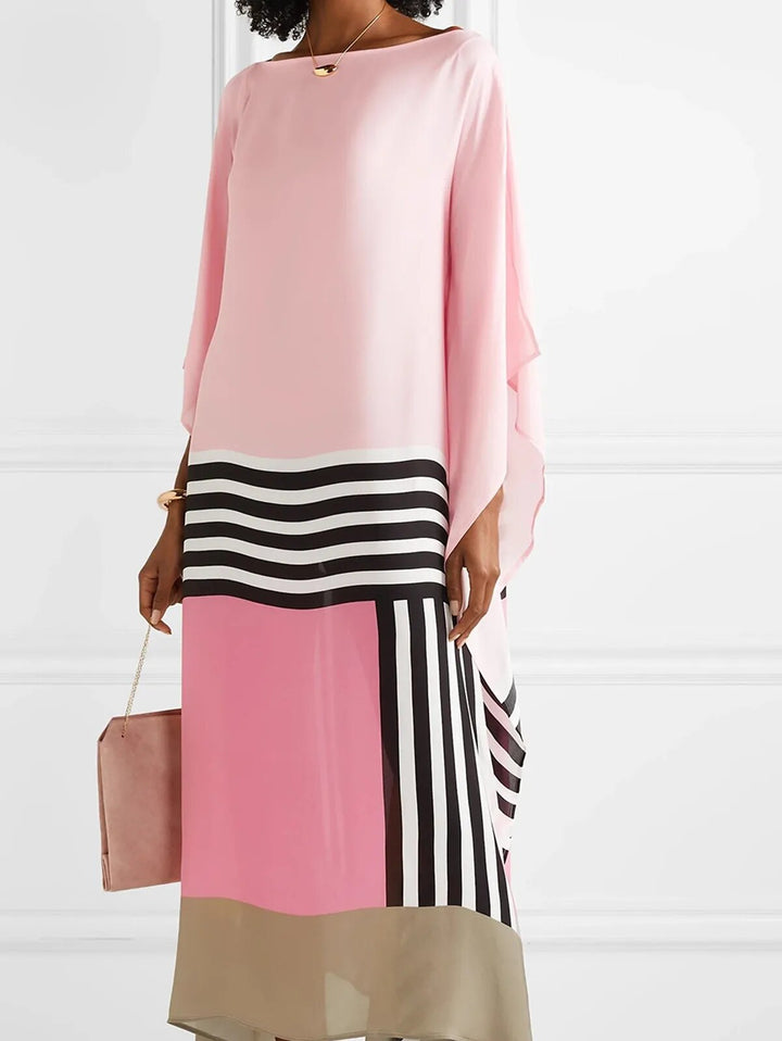 Robe midi pour femmes avec manches chauve-souris et ourlet asymétrique en motif color block
