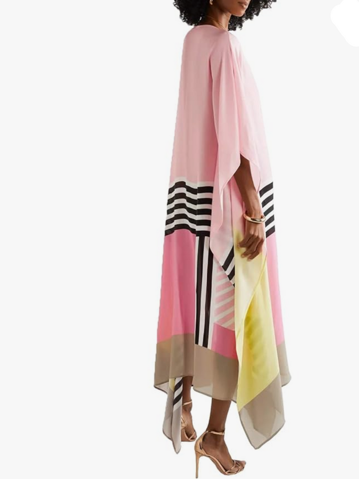 Robe midi pour femmes avec manches chauve-souris et ourlet asymétrique en motif color block