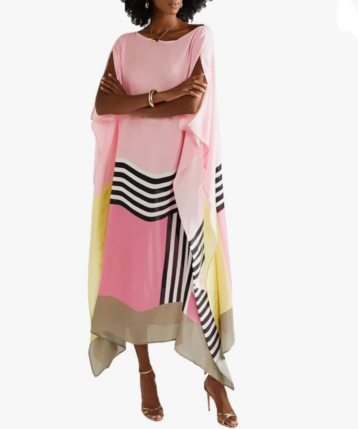 Robe midi pour femmes avec manches chauve-souris et ourlet asymétrique en motif color block