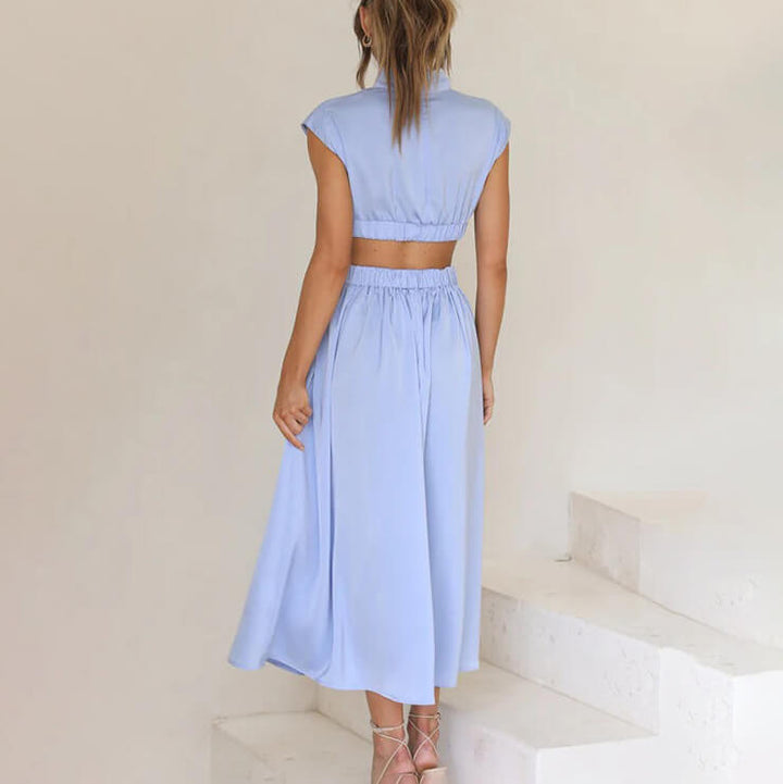 Robe midi femme avec haut froncé, manches courtes et découpes latérales à la taille