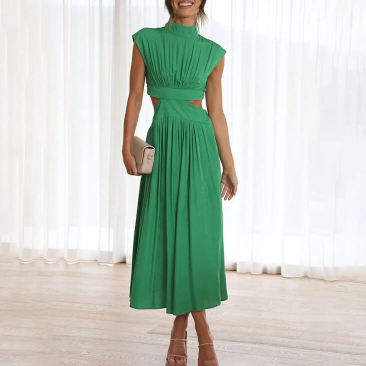 Robe midi femme avec haut froncé, manches courtes et découpes latérales à la taille
