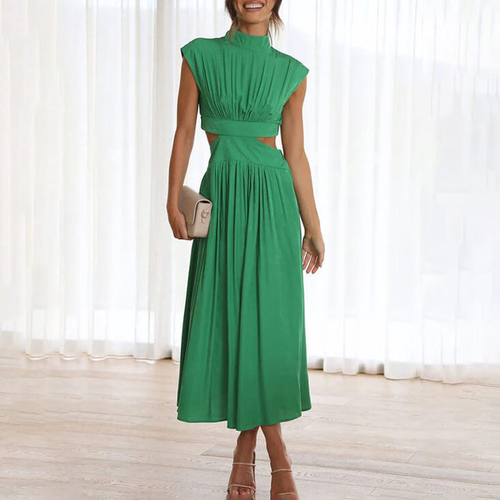 Robe midi femme avec haut froncé, manches courtes et découpes latérales à la taille