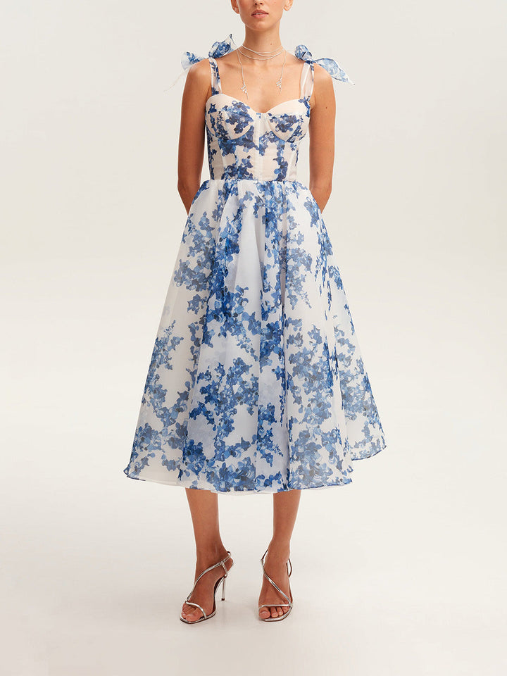 Robe midi femme avec décolleté en cœur et bretelles à nouer avec nœuds et motif floral