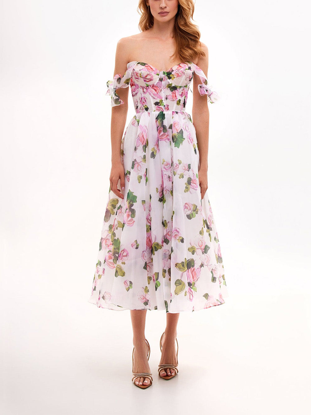 Robe midi femme avec décolleté en cœur et manches volantées avec lacets dans le dos et motif floral