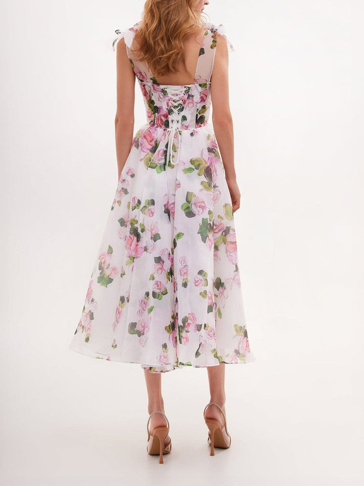 Robe midi femme avec décolleté en cœur et manches volantées avec lacets dans le dos et motif floral