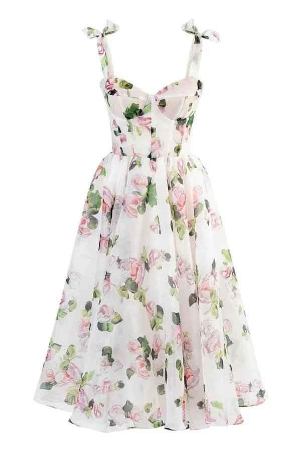 Robe midi femme avec décolleté en cœur et manches volantées avec lacets dans le dos et motif floral