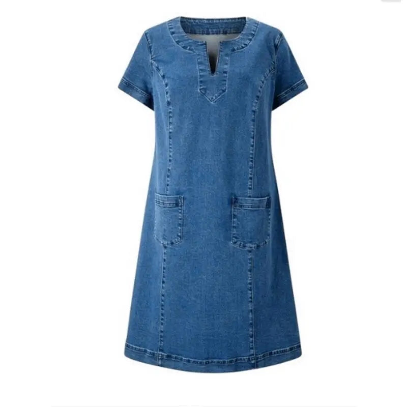 Robe midi pour femmes avec décolleté en V, manches courtes et poches plaquées