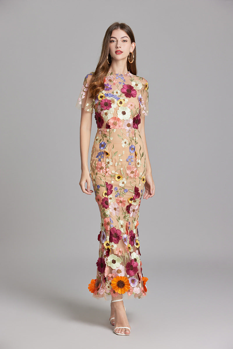 Robe Midi Femme à Manches Courtes Col Rond avec Applications Florales et Superposition Transparente