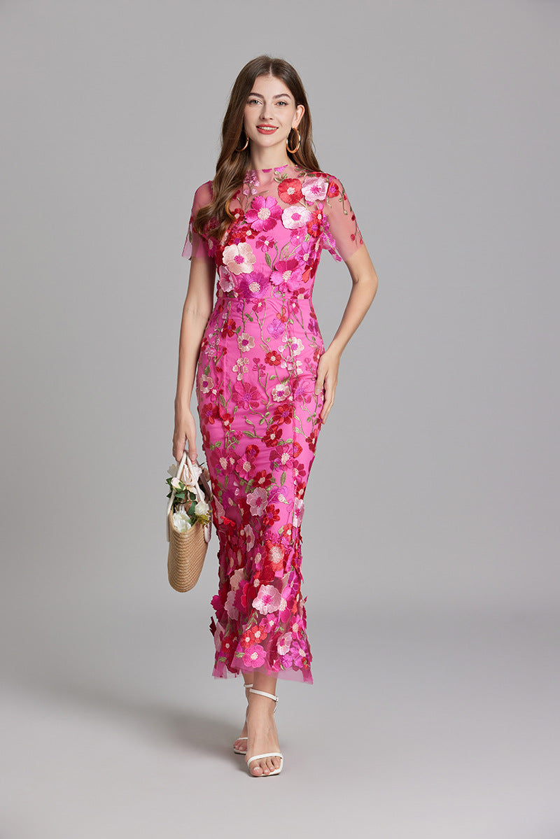 Robe Midi Femme à Manches Courtes Col Rond avec Applications Florales et Superposition Transparente
