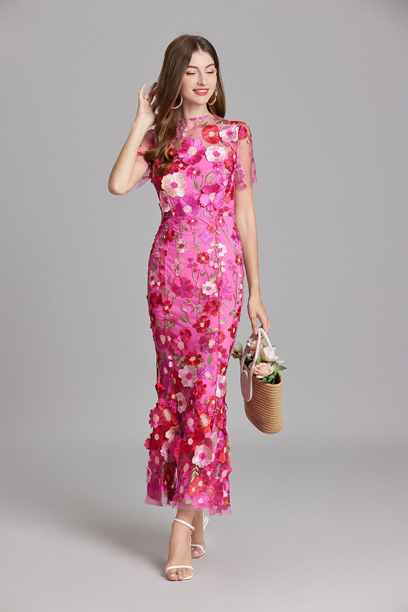 Robe Midi Femme à Manches Courtes Col Rond avec Applications Florales et Superposition Transparente