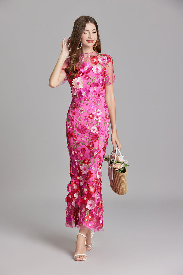 Robe Midi Femme à Manches Courtes Col Rond avec Applications Florales et Superposition Transparente