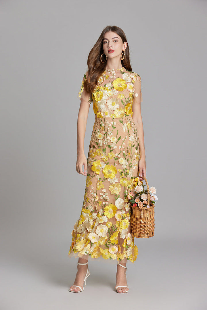 Robe Midi Femme à Manches Courtes Col Rond avec Applications Florales et Superposition Transparente