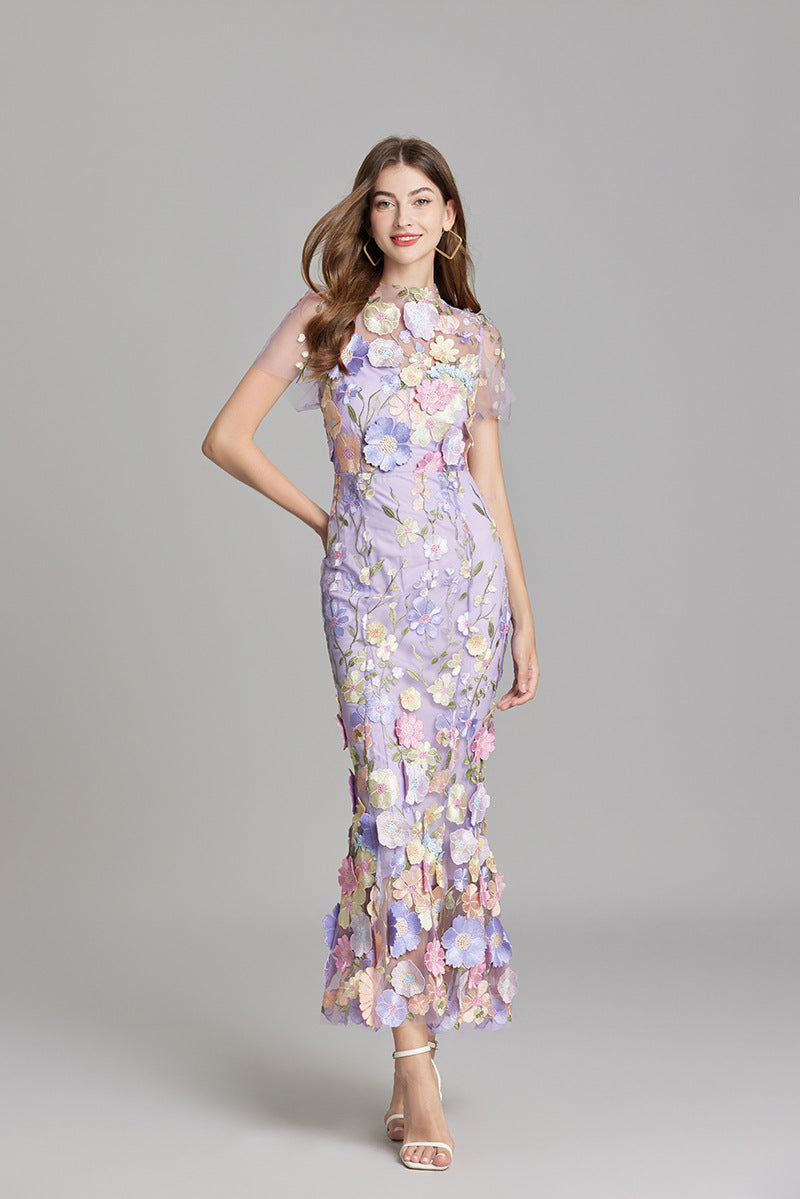 Robe Midi Femme à Manches Courtes Col Rond avec Applications Florales et Superposition Transparente