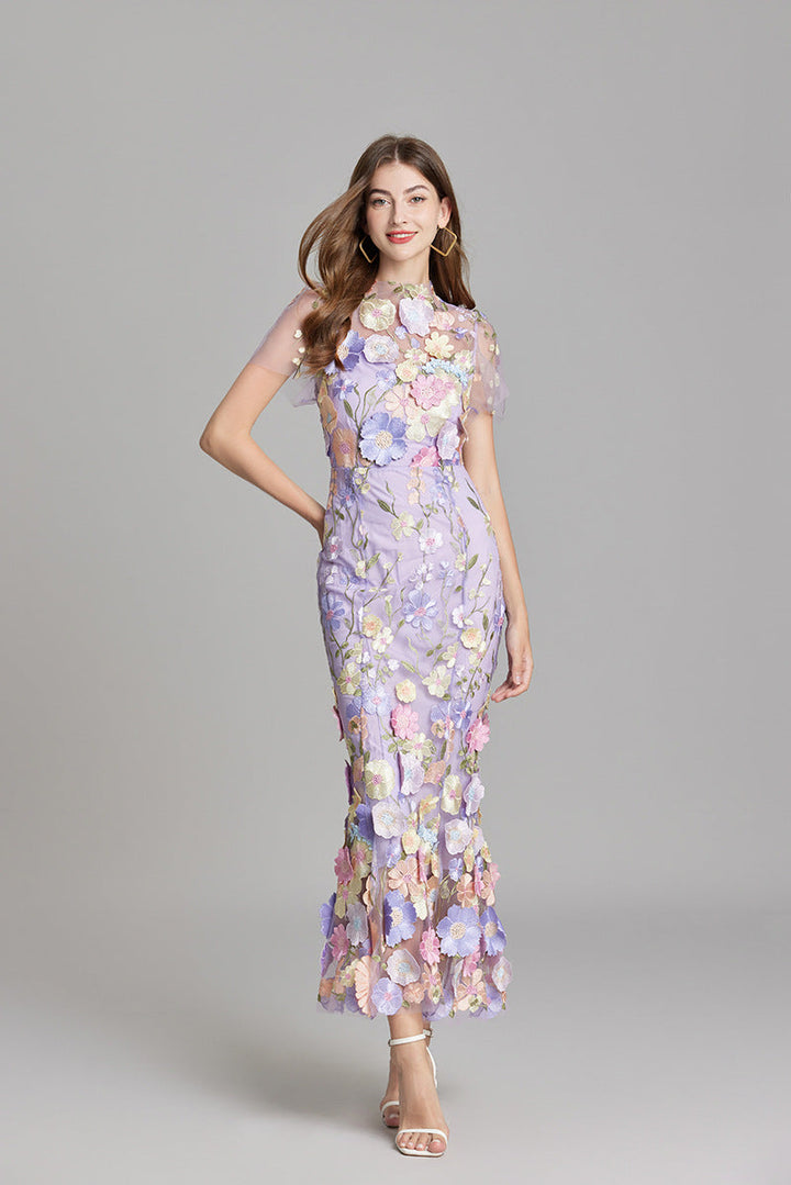 Robe Midi Femme à Manches Courtes Col Rond avec Applications Florales et Superposition Transparente