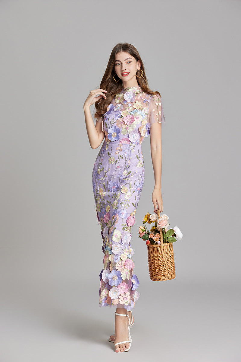 Robe Midi Femme à Manches Courtes Col Rond avec Applications Florales et Superposition Transparente