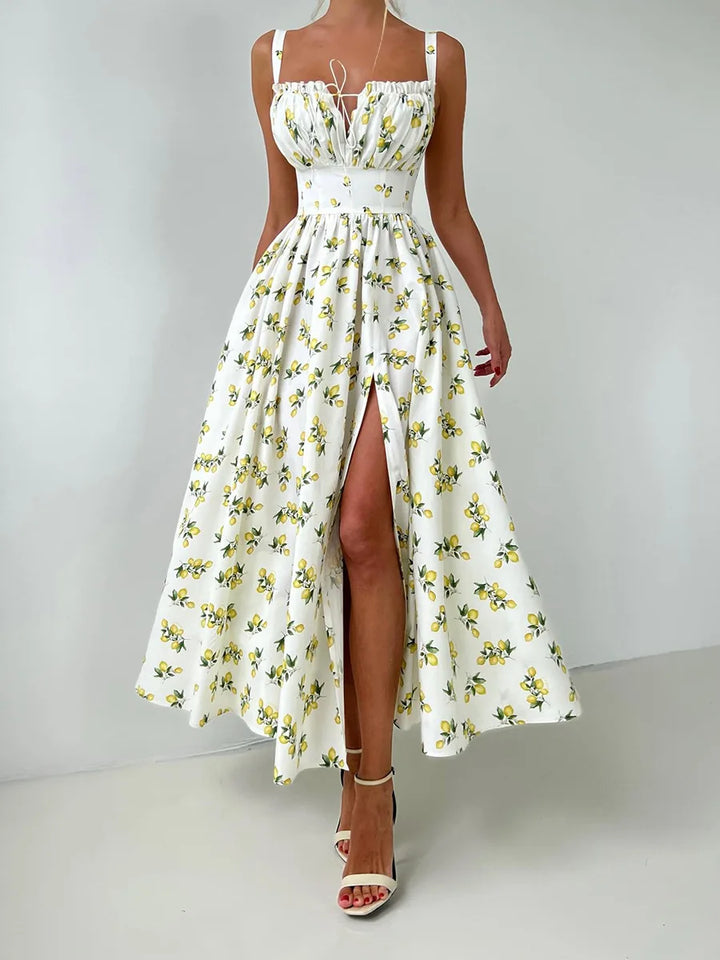 Robe midi femme avec motif et décolleté en cœur, fente latérale et bretelles
