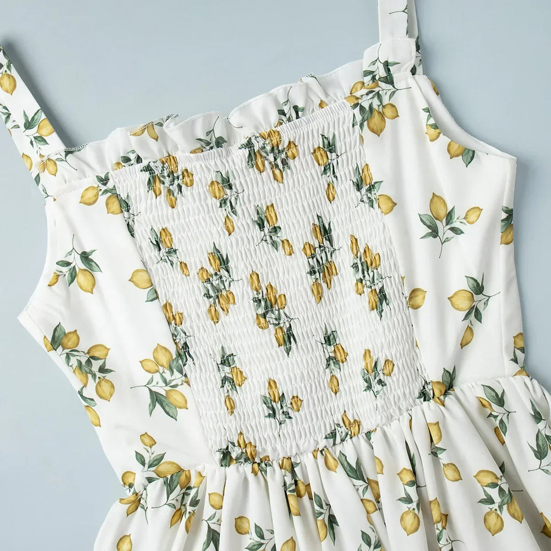 Robe midi femme avec motif et décolleté en cœur, fente latérale et bretelles