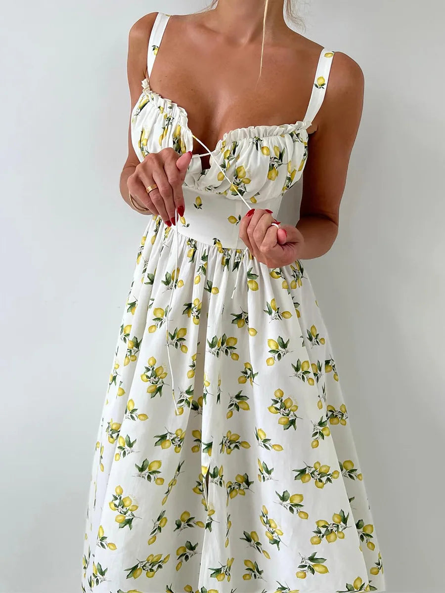 Robe midi femme avec motif et décolleté en cœur, fente latérale et bretelles