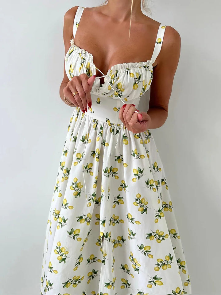 Robe midi femme avec motif et décolleté en cœur, fente latérale et bretelles
