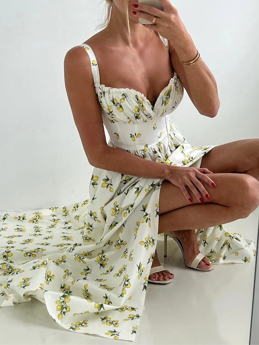 Robe midi femme avec motif et décolleté en cœur, fente latérale et bretelles