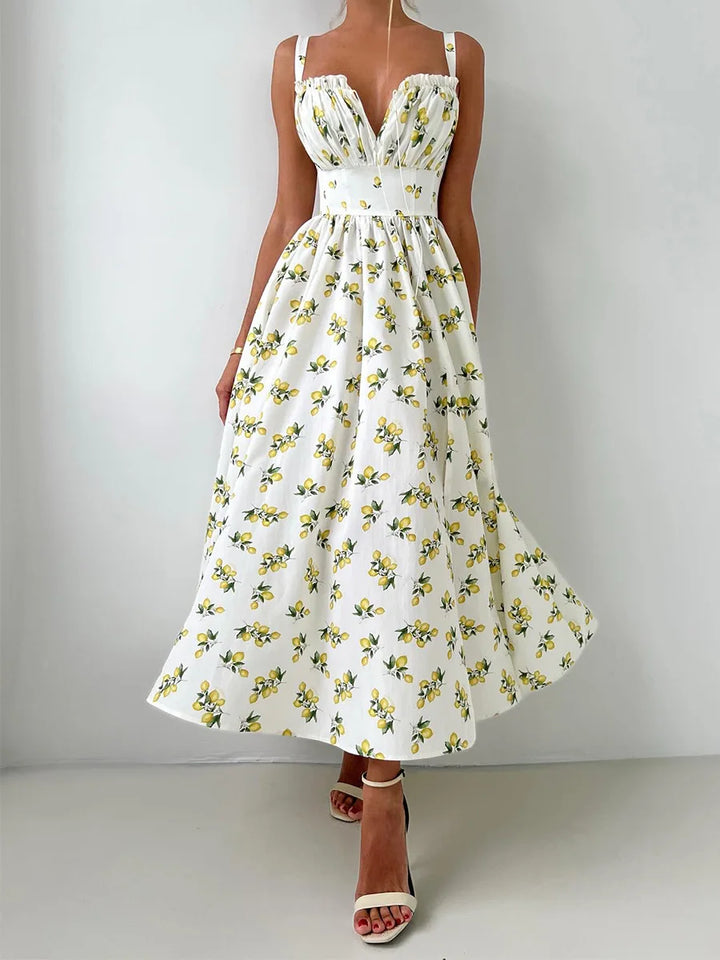 Robe midi femme avec motif et décolleté en cœur, fente latérale et bretelles